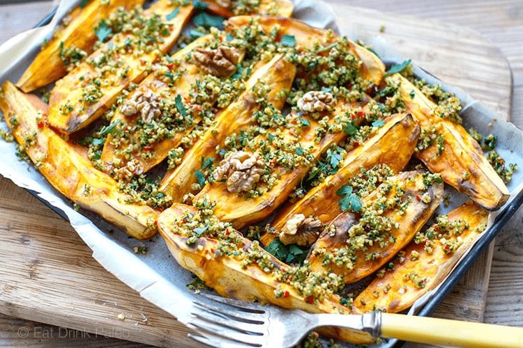 Roasted Sweet Potatoes with Walnut Parsley Garlic by Eat Drink Paleo