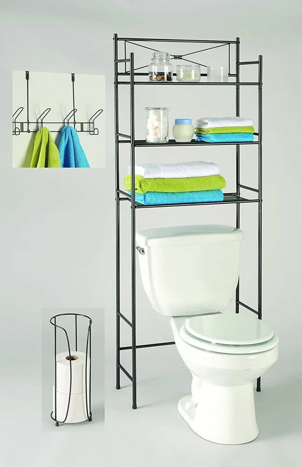 Metal storage shelves that go behind a commode.