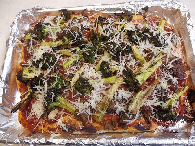 Baked Meatball Parm Pizza featuring meatballs, broccoli, tomato sauce on pizza dough from the Dinnerly meal-kit subscription.