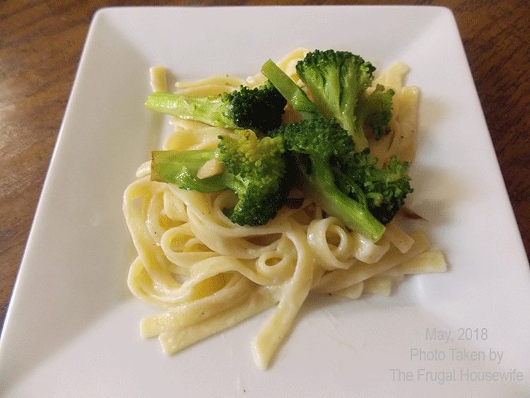 Cooked Dinnerly homemade fettucine alfredo with broccoli made by The Frugal Housewife.