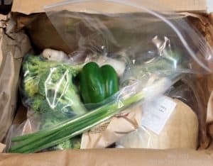 Vegetable contents of Dinnerly.com Meal Kit Box unpacked