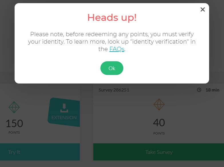 Screenshot of Survey Junkie popup telling you to verify identity.