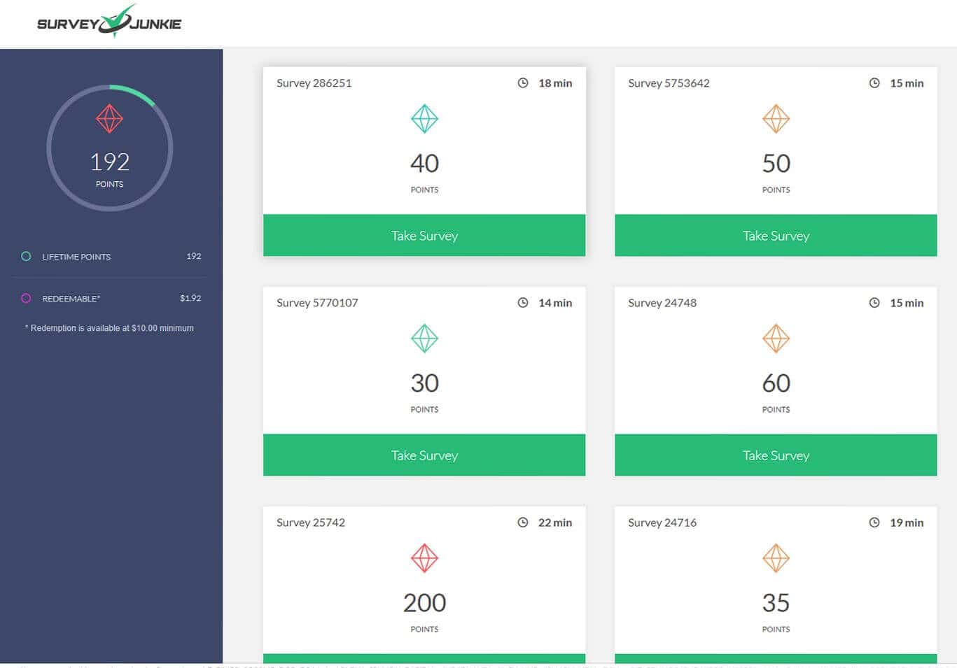 Screen showing Survey Junkie Available Surveys.