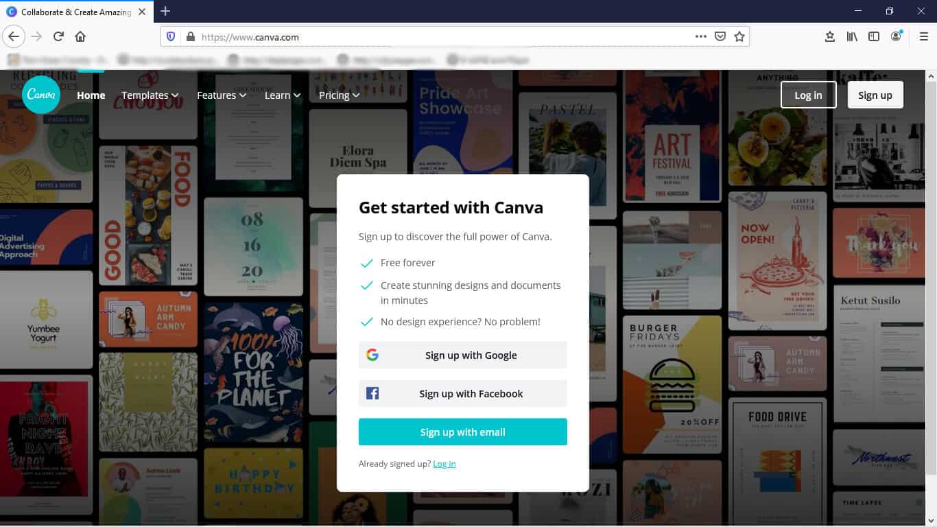 Screenshot of the opening screen of Canva.