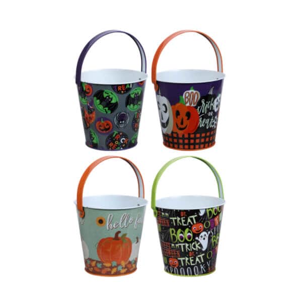 Four buckets decorated for Halloween