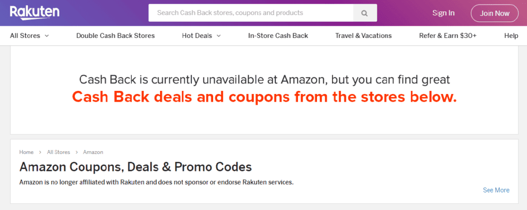 Rakuten screenshot announcing Cash Back is currently unavailable at Amazon.  