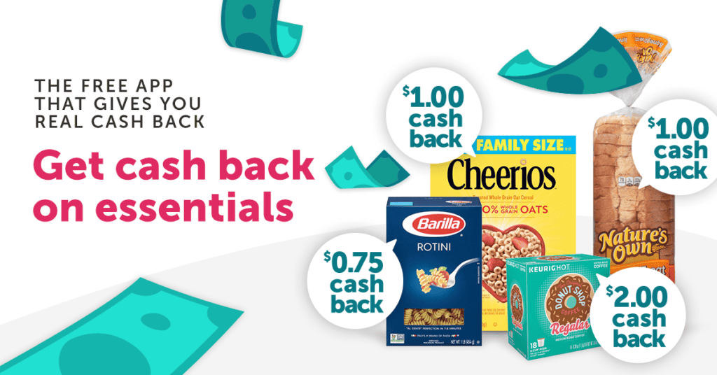 Graphic for Ibotta showing Cheerios, Nature's Own, Barilla, and Keurig Donut Shop Pods with the words "The Free app that gives you real cash back. Get cash back on essentials."