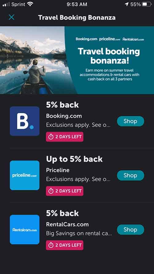 Screenshot of Ibotta Travel Booking Bonanza screen showing Booking.com, Priceline, and RentalCars.com offers.