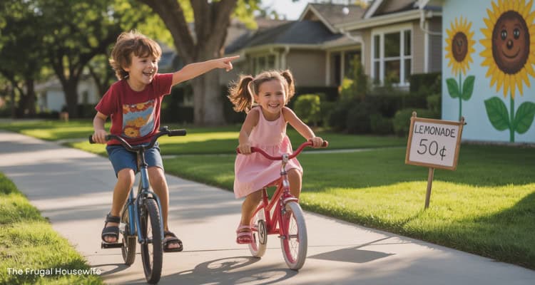 two small kids riding bikes on a sidewalk