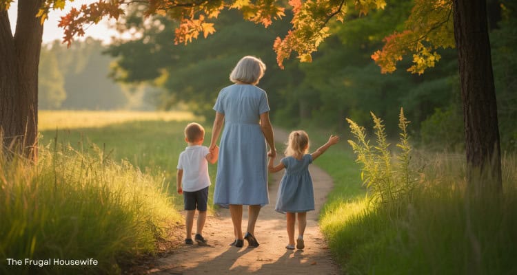 Grandmother and grandkids walking on a trail for a nature walk