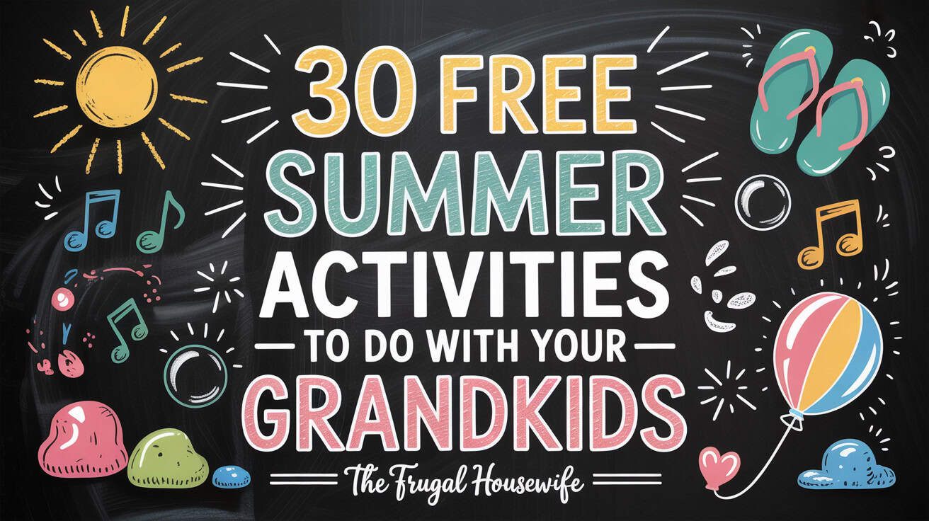 Chalkboard with 30 Free Summer Activities to do with grandkids written on it. 
