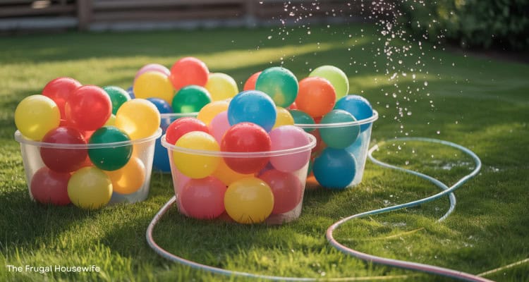 tubs of colorful water balloons 