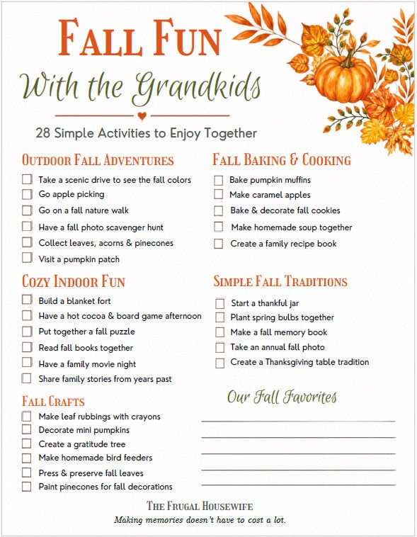 Free Fall Fun With the Grandkids printable checklist featuring 28 simple fall activities, including outdoor adventures, crafts, baking, and family traditions.
