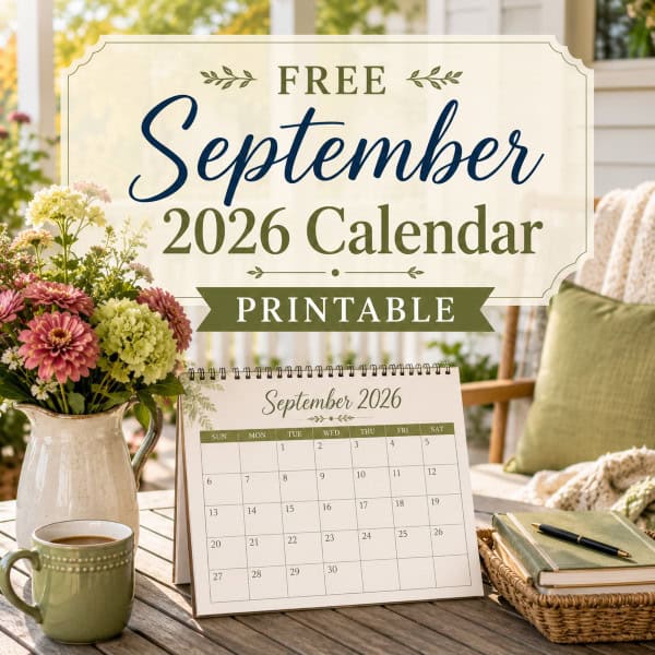 Free September 2026 calendar printable displayed on a sunny porch table with late-summer flowers, coffee, and a planner.
