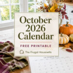 October 2026 calendar free printable displayed over a bright farmhouse table with pumpkins, fall leaves, and a plaid blanket.