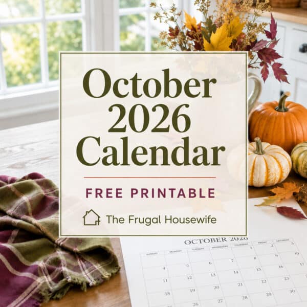 October 2026 calendar free printable displayed over a bright farmhouse table with pumpkins, fall leaves, and a plaid blanket.